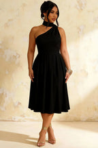 Helen One Shoulder Black Midi Dress with Scarf Detail