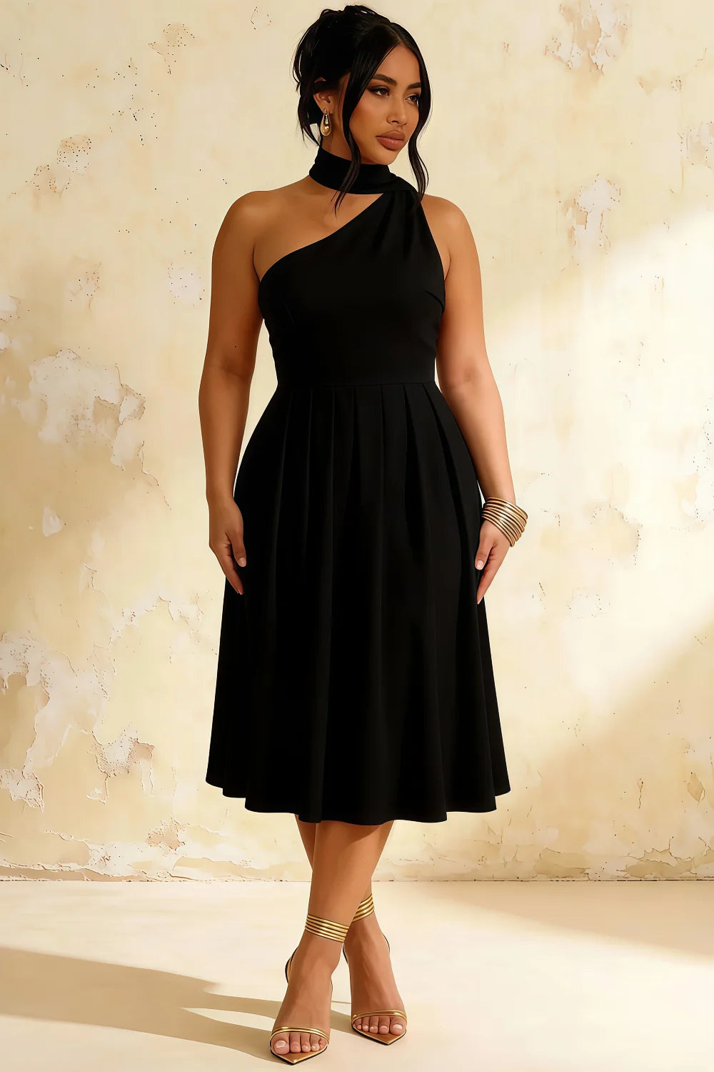 Helen One Shoulder Black Midi Dress with Scarf Detail