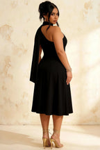 Helen One Shoulder Black Midi Dress with Scarf Detail
