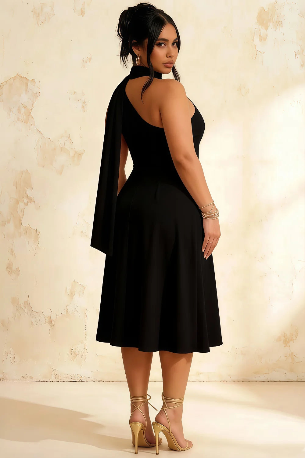 Helen One Shoulder Black Midi Dress with Scarf Detail