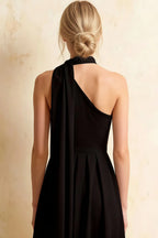 Helen One Shoulder Black Midi Dress with Scarf Detail