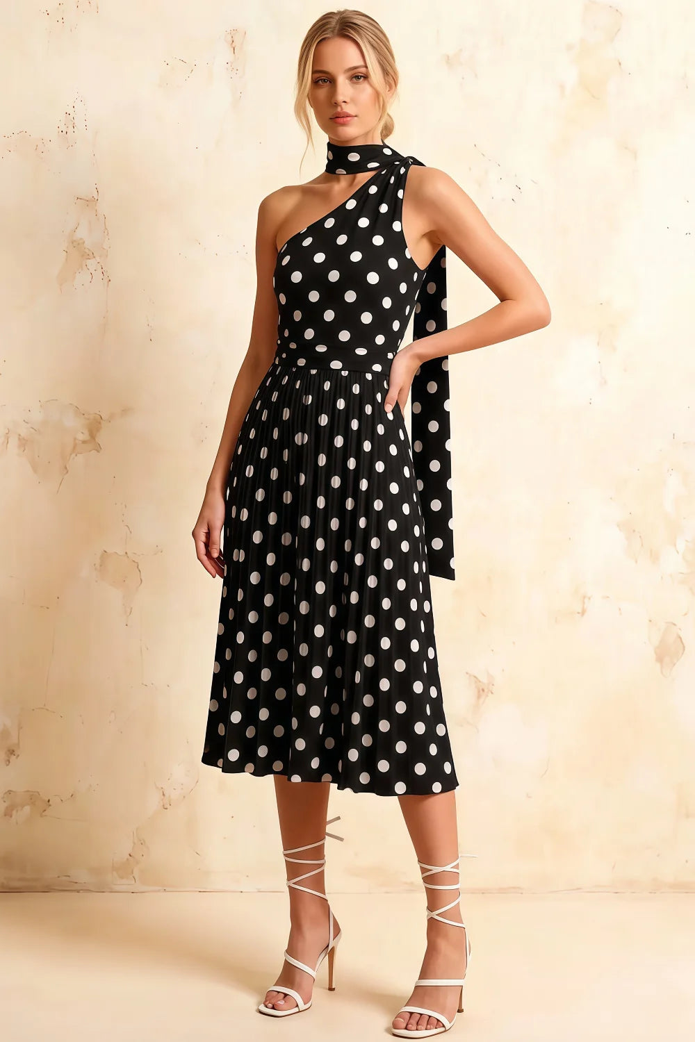 Helen One Shoulder Black Polka Dot Midi Dress with Scarf