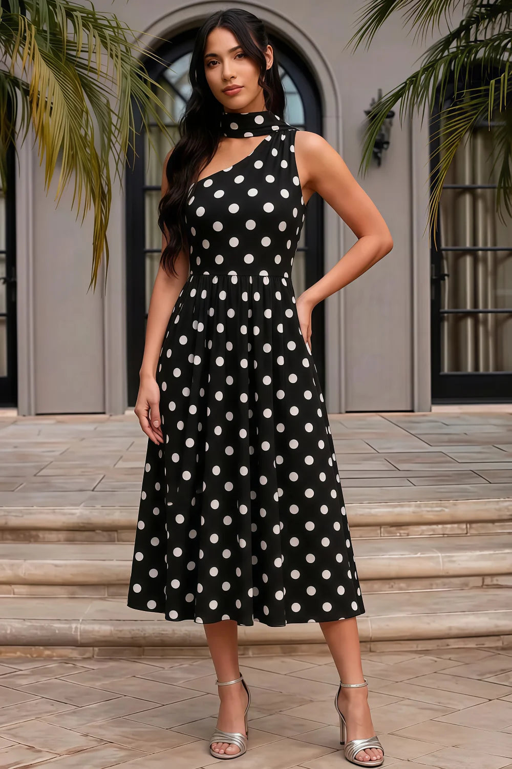 Helen One Shoulder Black Polka Dot Midi Dress with Scarf