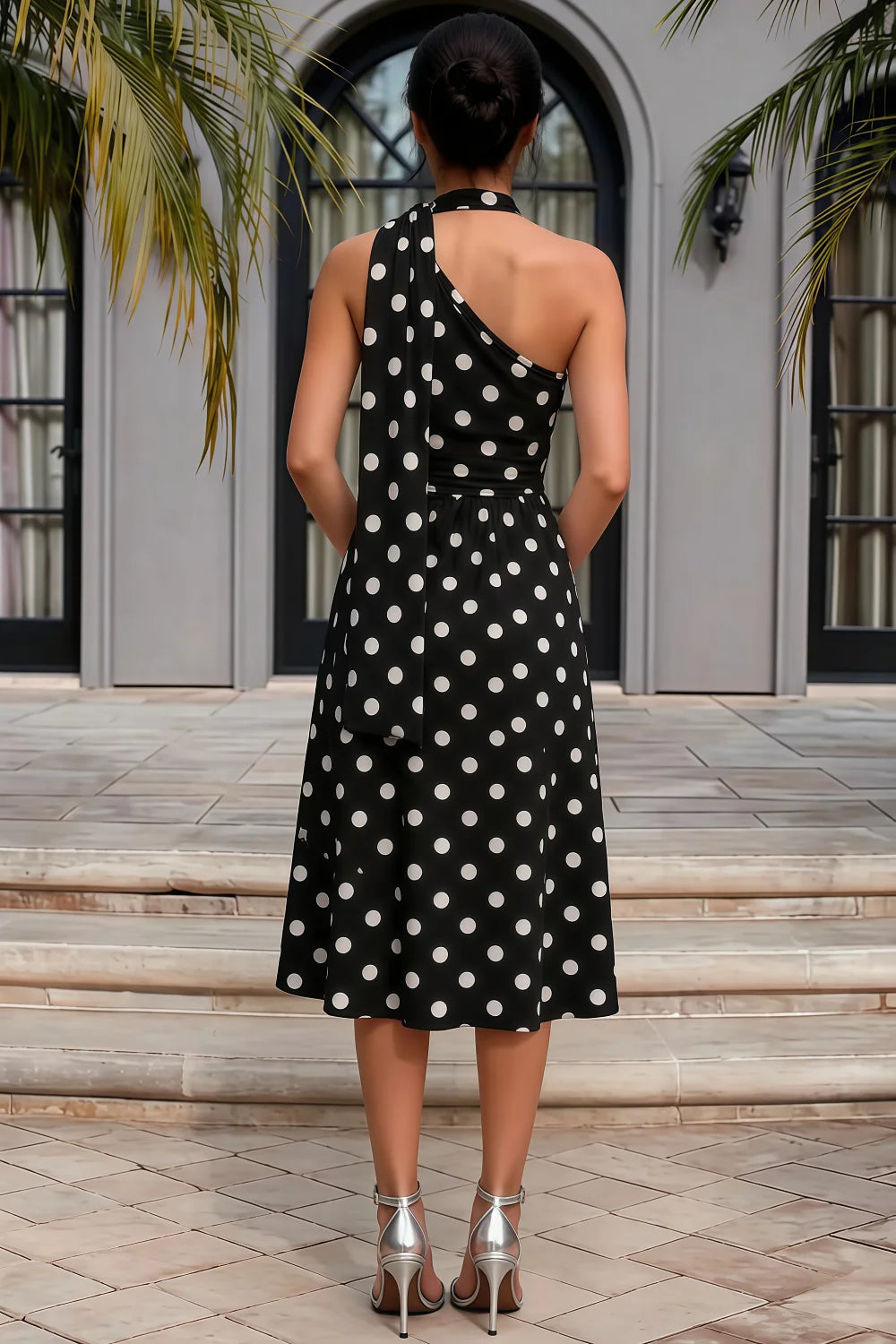 Helen One Shoulder Black Polka Dot Midi Dress with Scarf