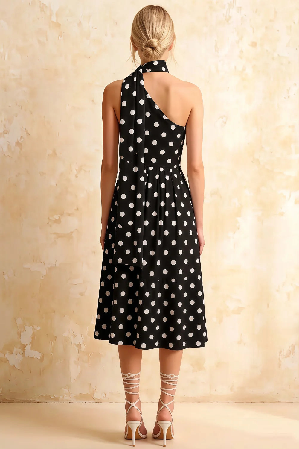 Helen One Shoulder Black Polka Dot Midi Dress with Scarf
