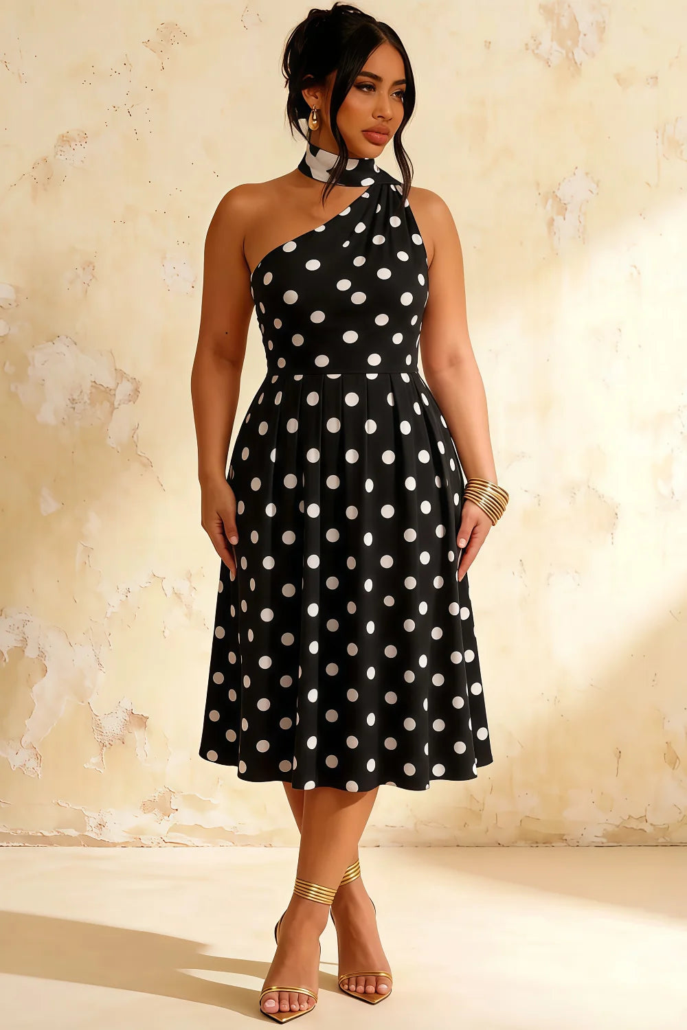 Helen One Shoulder Black Polka Dot Midi Dress with Scarf