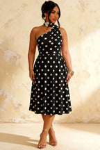 Helen One Shoulder Black Polka Dot Midi Dress with Scarf