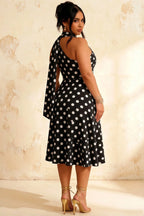 Helen One Shoulder Black Polka Dot Midi Dress with Scarf