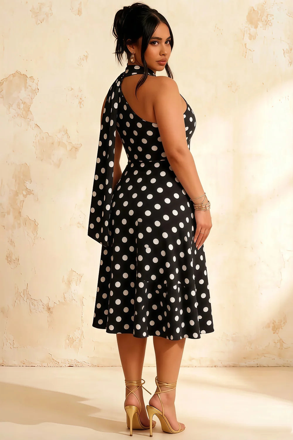 Helen One Shoulder Black Polka Dot Midi Dress with Scarf