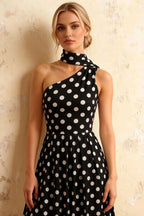 Helen One Shoulder Black Polka Dot Midi Dress with Scarf