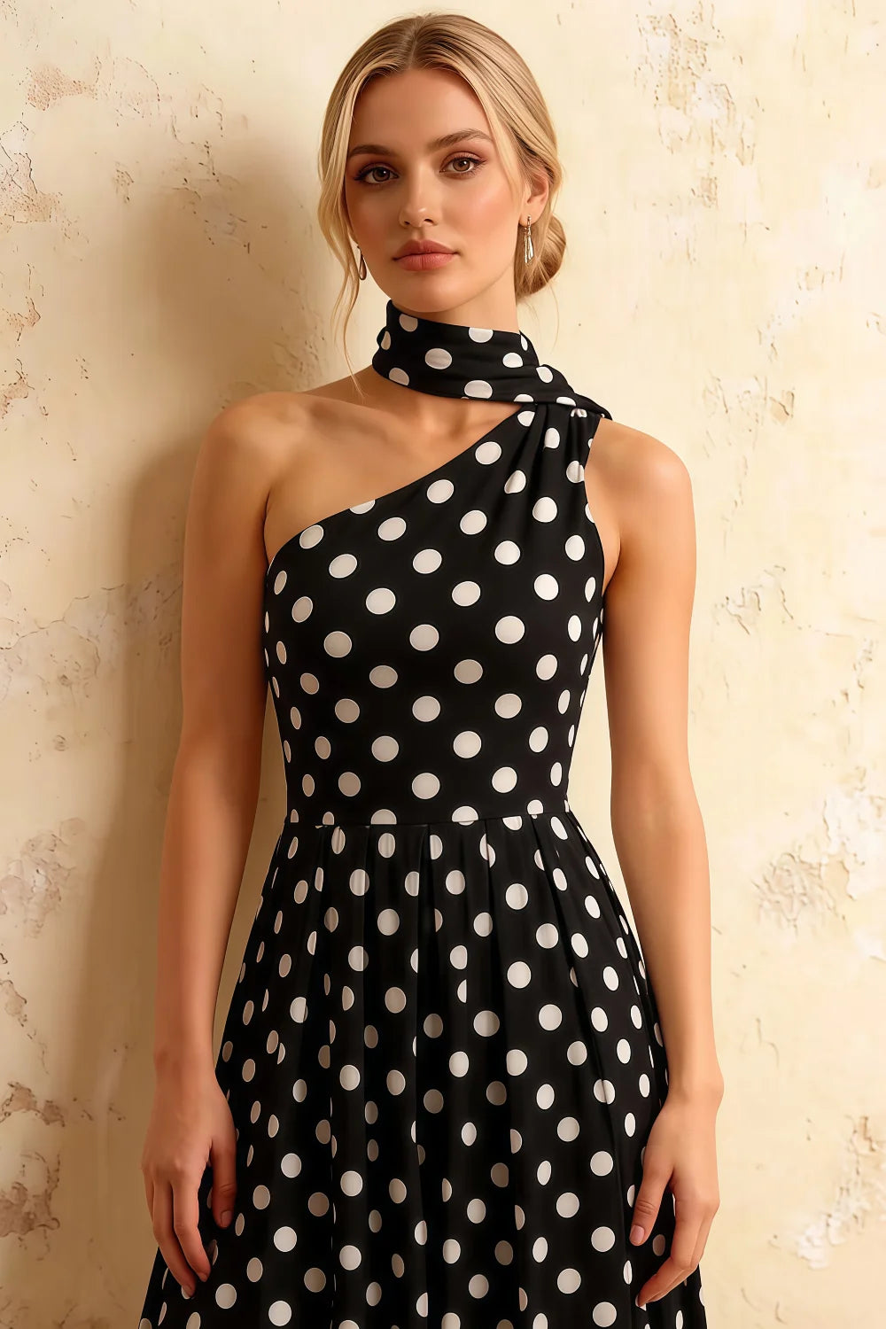 Helen One Shoulder Black Polka Dot Midi Dress with Scarf