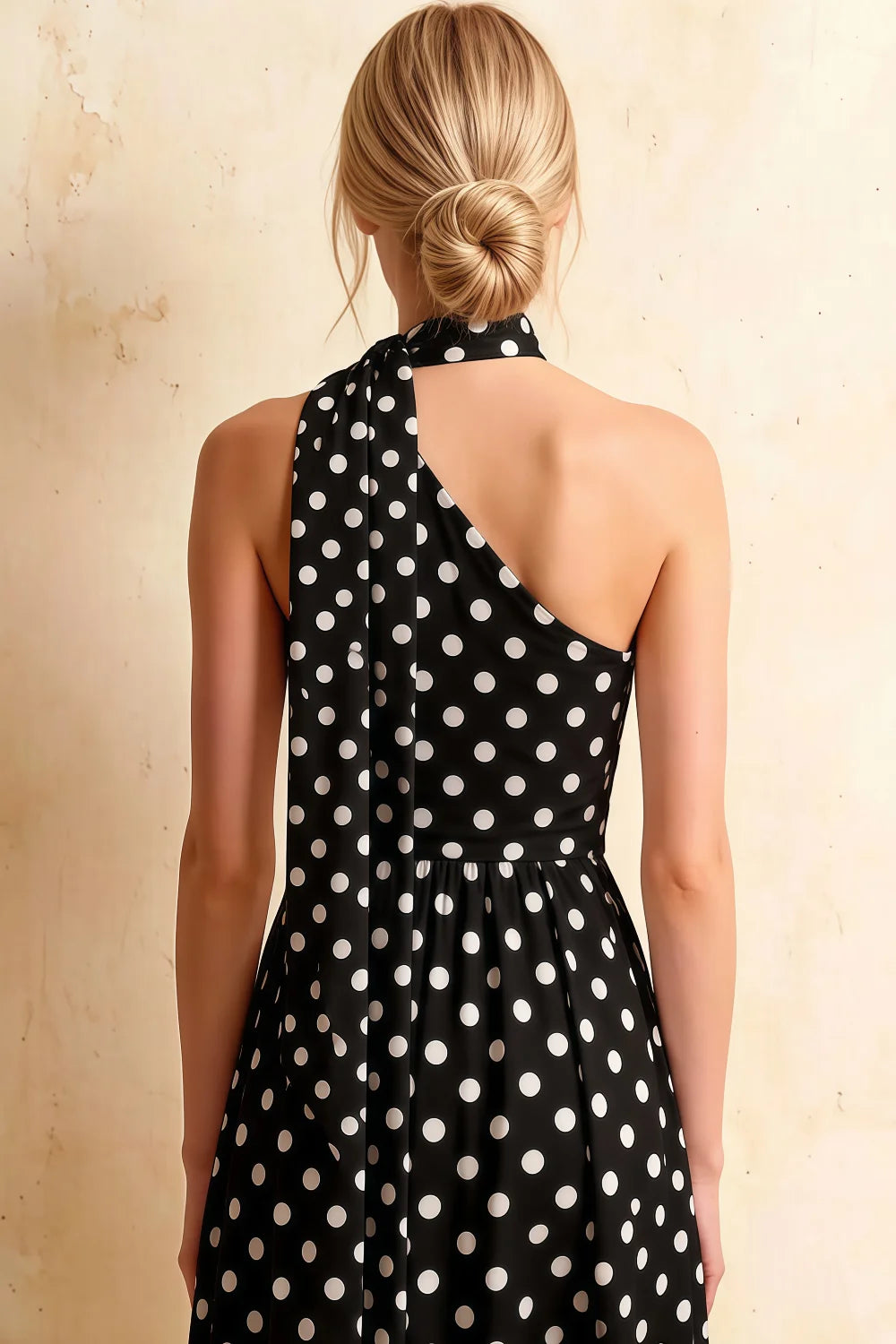 Helen One Shoulder Black Polka Dot Midi Dress with Scarf