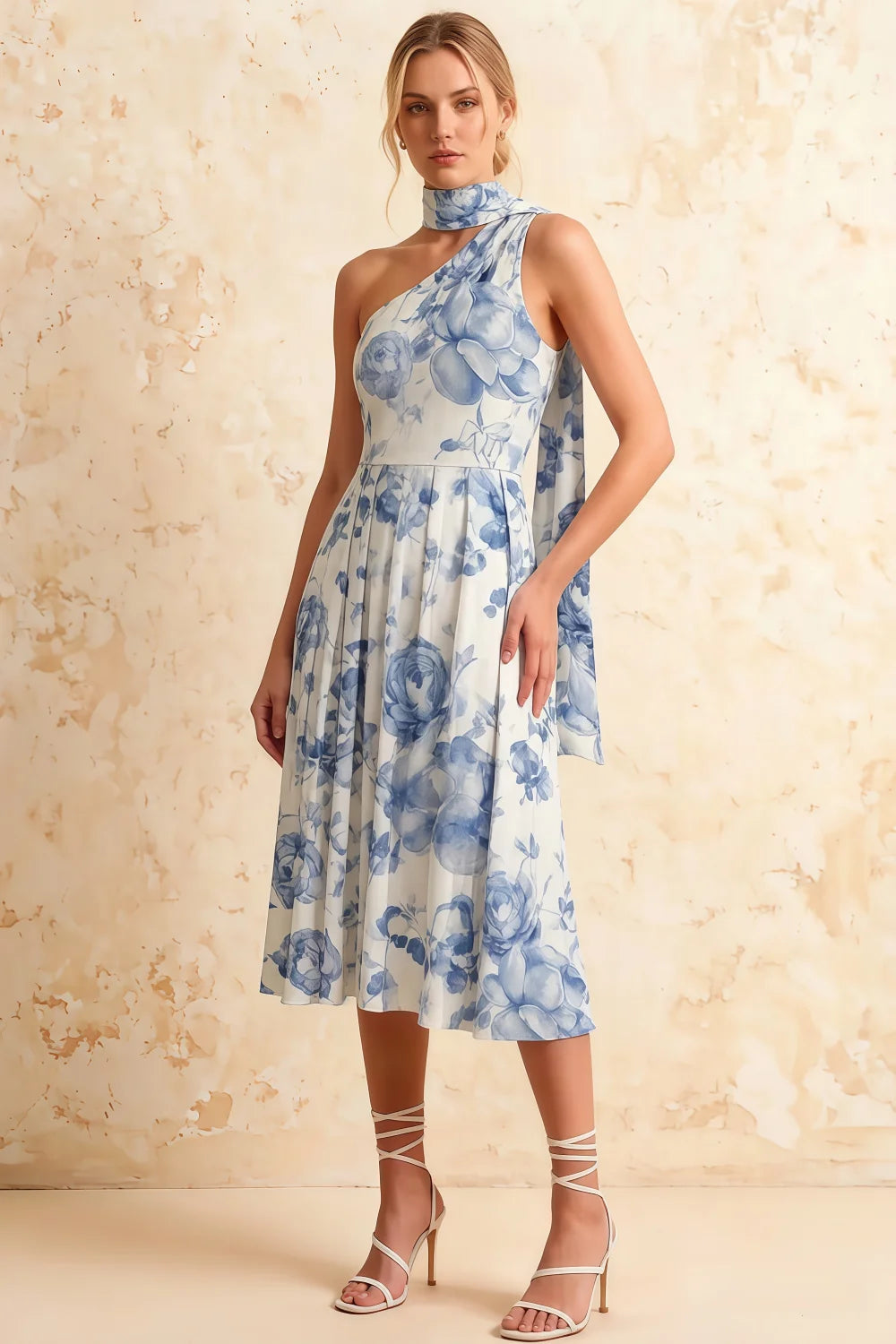 Vestido midi floral azul y blanco Helen de un solo hombro con pañuelo Imagen principal del producto
