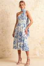 Helen One Shoulder Blue and White Floral Midi Dress with Scarf