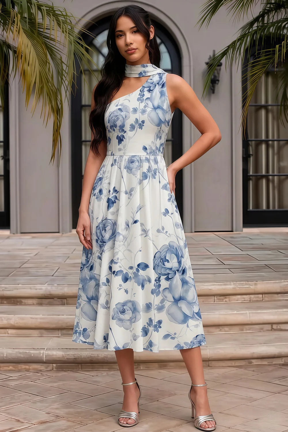 Helen One Shoulder Blue and White Floral Midi Dress with Scarf