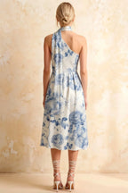Helen One Shoulder Blue and White Floral Midi Dress with Scarf