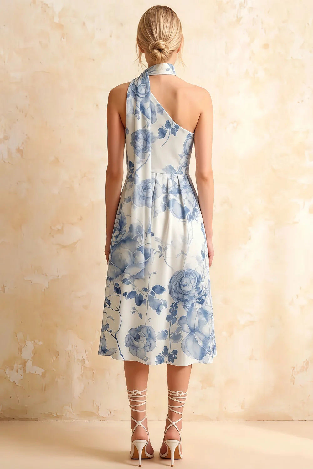 Helen One Shoulder Blue and White Floral Midi Dress with Scarf