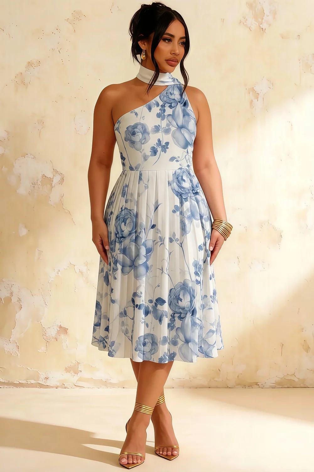 Helen One Shoulder Blue and White Floral Midi Dress with Scarf
