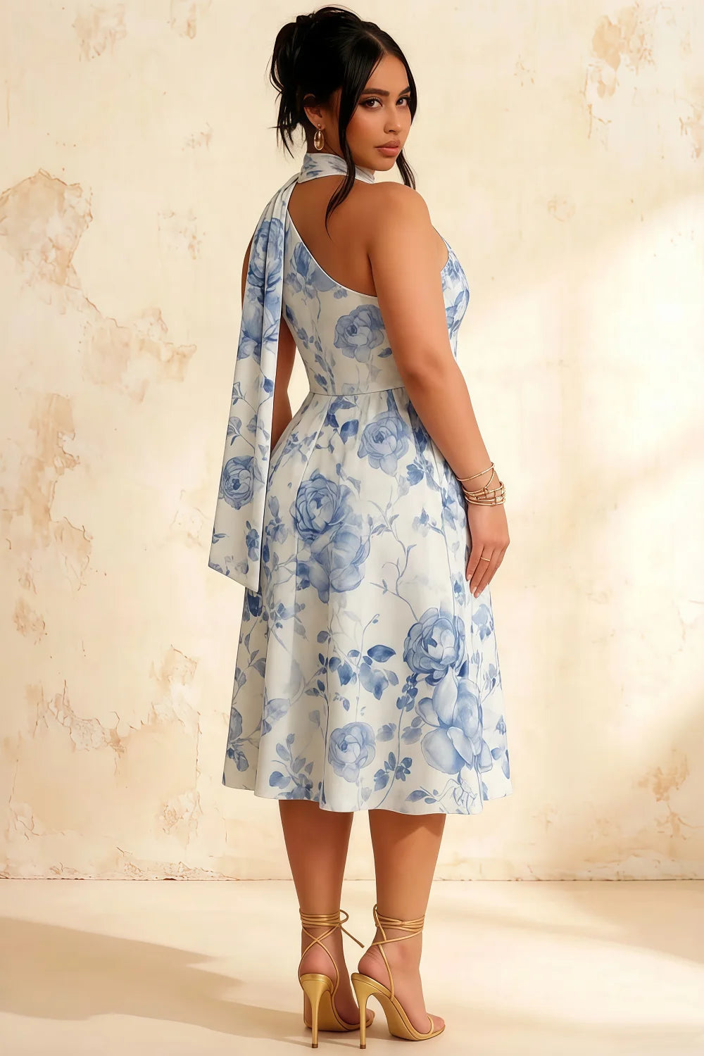 Helen One Shoulder Blue and White Floral Midi Dress with Scarf