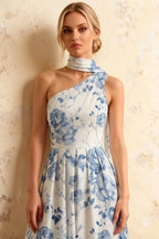 Helen One Shoulder Blue and White Floral Midi Dress with Scarf