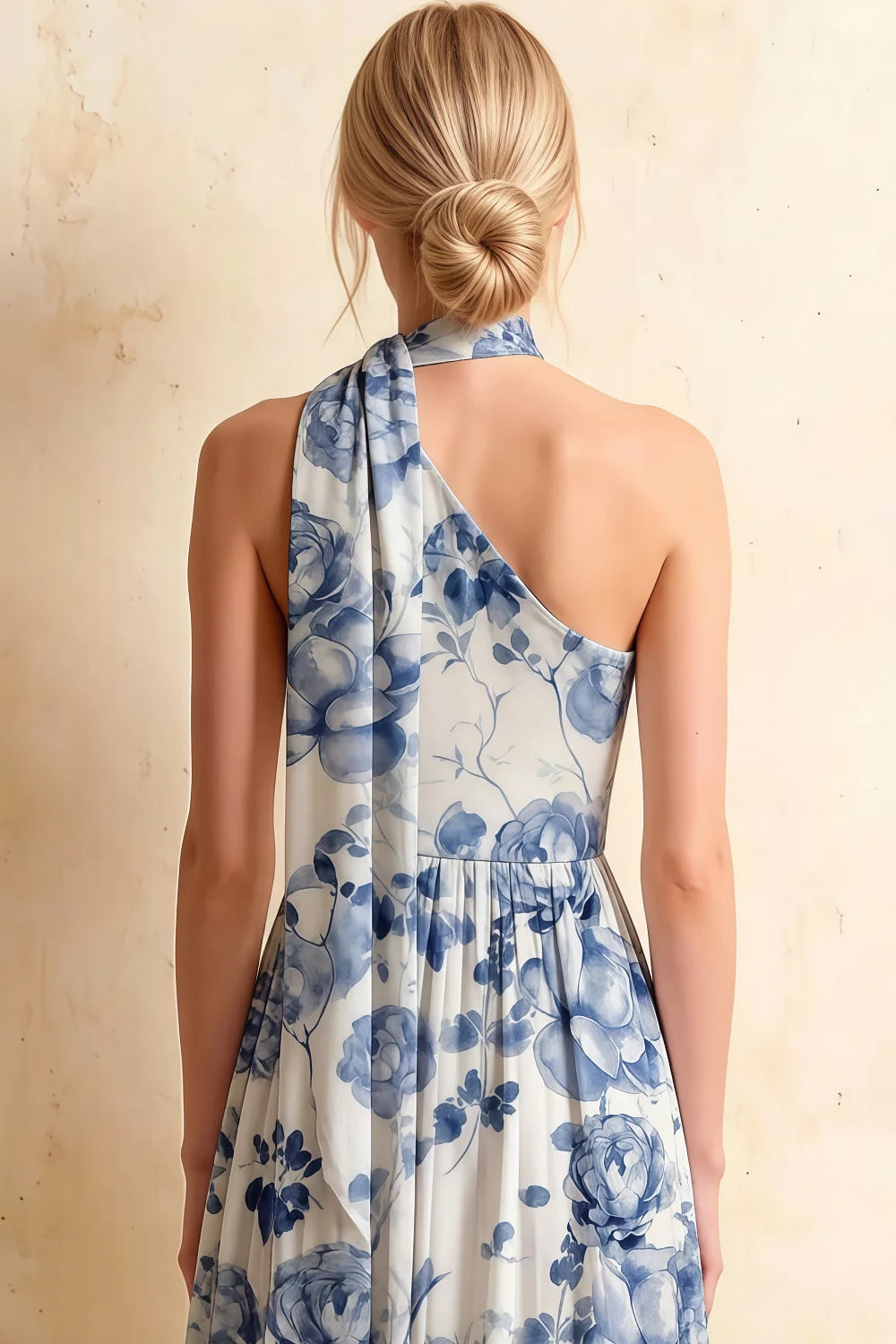 Helen One Shoulder Blue and White Floral Midi Dress with Scarf