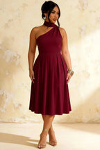 Helen One Shoulder Burgundy Midi Dress with Scarf Detail | Elegant Asymmetric A-Line Dress