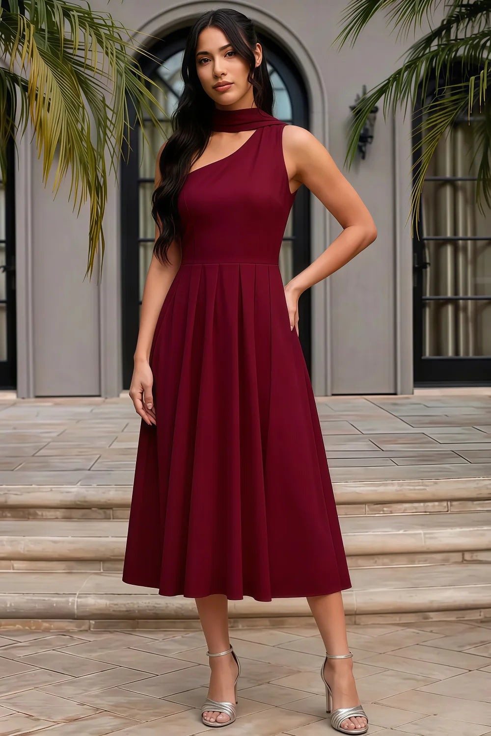 Helen One Shoulder Burgundy Midi Dress with Scarf Detail | Elegant Asymmetric A-Line Dress