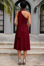 Helen One Shoulder Burgundy Midi Dress with Scarf Detail | Elegant Asymmetric A-Line Dress