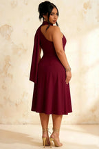 Helen One Shoulder Burgundy Midi Dress with Scarf Detail | Elegant Asymmetric A-Line Dress