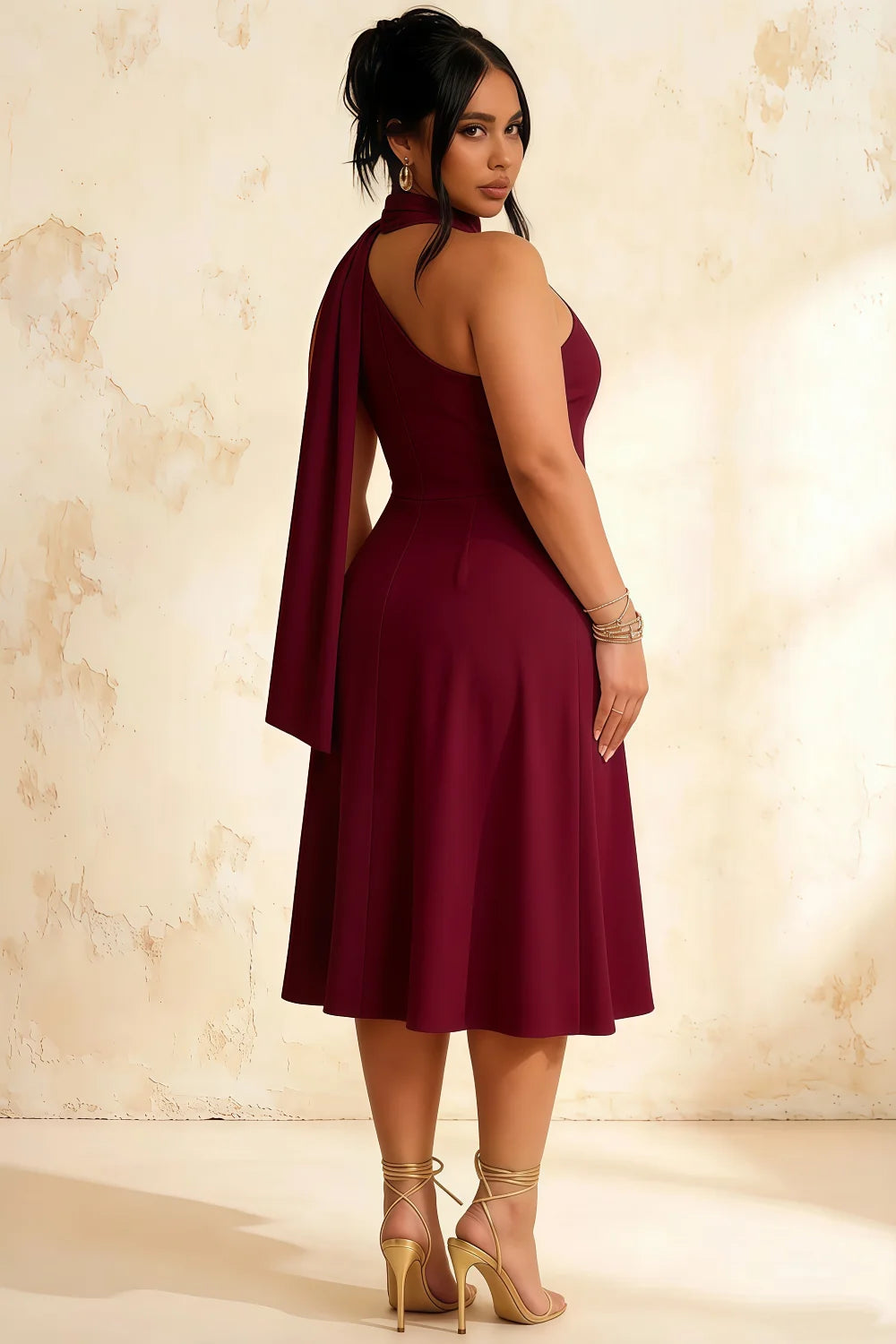 Helen One Shoulder Burgundy Midi Dress with Scarf Detail | Elegant Asymmetric A-Line Dress