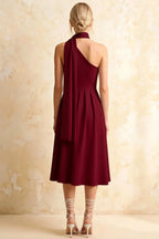 Helen One Shoulder Burgundy Midi Dress with Scarf Detail | Elegant Asymmetric A-Line Dress