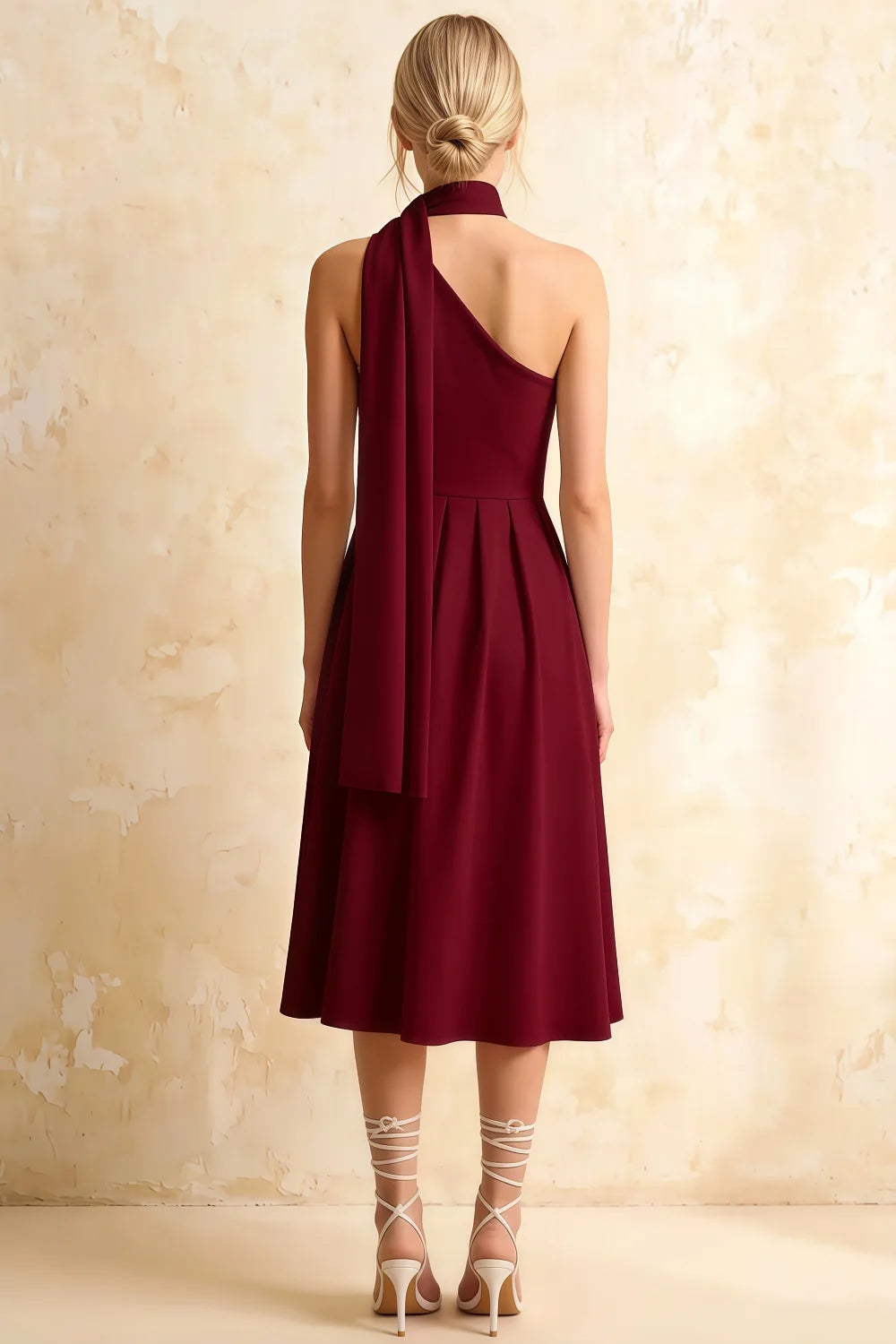 Helen One Shoulder Burgundy Midi Dress with Scarf Detail | Elegant Asymmetric A-Line Dress