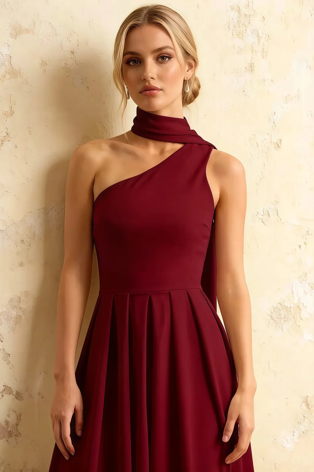 Helen One Shoulder Burgundy Midi Dress with Scarf Detail | Elegant Asymmetric A-Line Dress