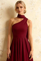 Helen One Shoulder Burgundy Midi Dress with Scarf Detail | Elegant Asymmetric A-Line Dress