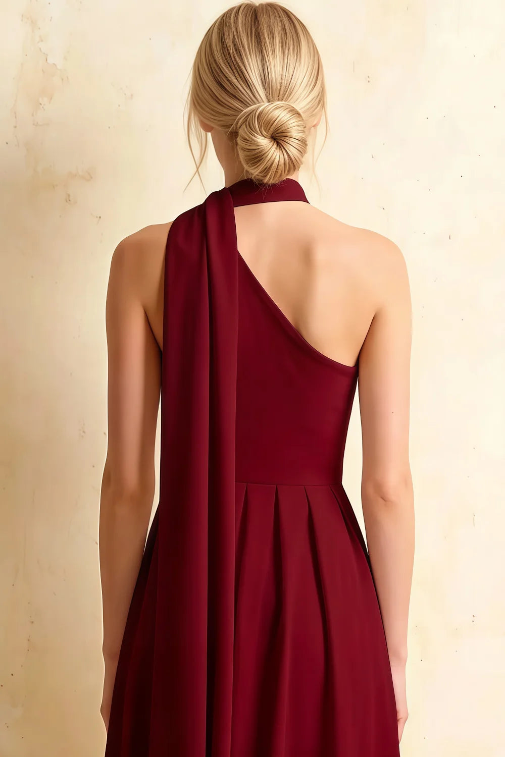 Helen One Shoulder Burgundy Midi Dress with Scarf Detail | Elegant Asymmetric A-Line Dress