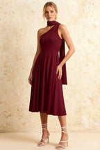 Helen One Shoulder Burgundy Midi Dress with Scarf Detail | Elegant Asymmetric A-Line Dress