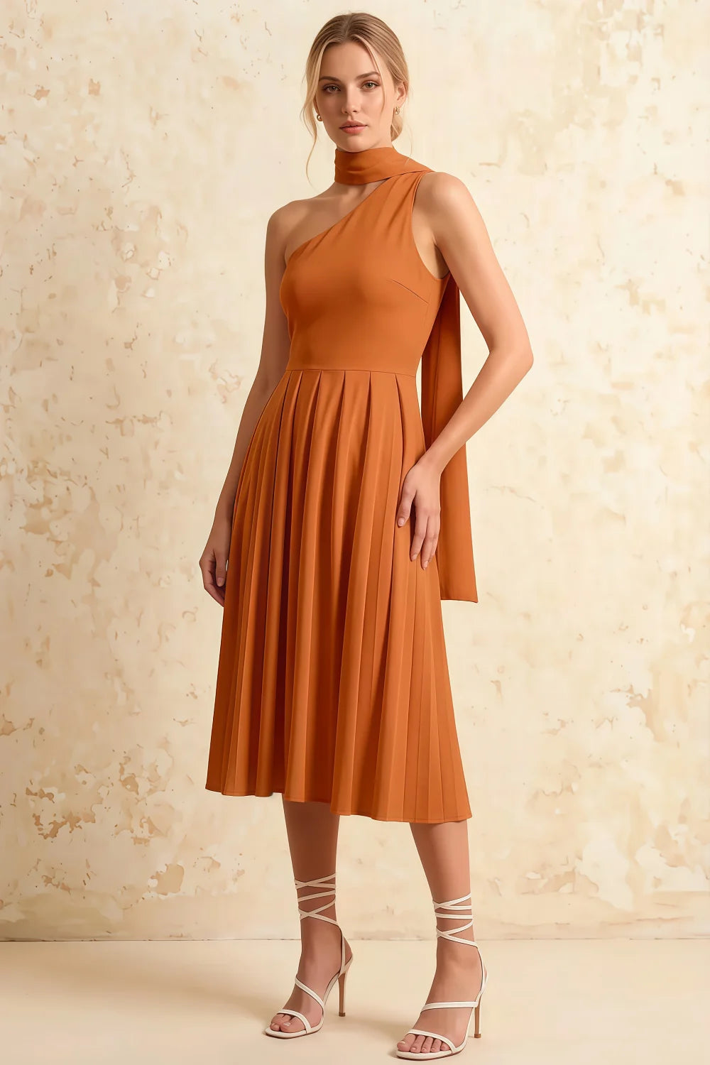 Helen One Shoulder Burnt Orange Midi Dress with Scarf