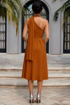 Helen One Shoulder Burnt Orange Midi Dress with Scarf