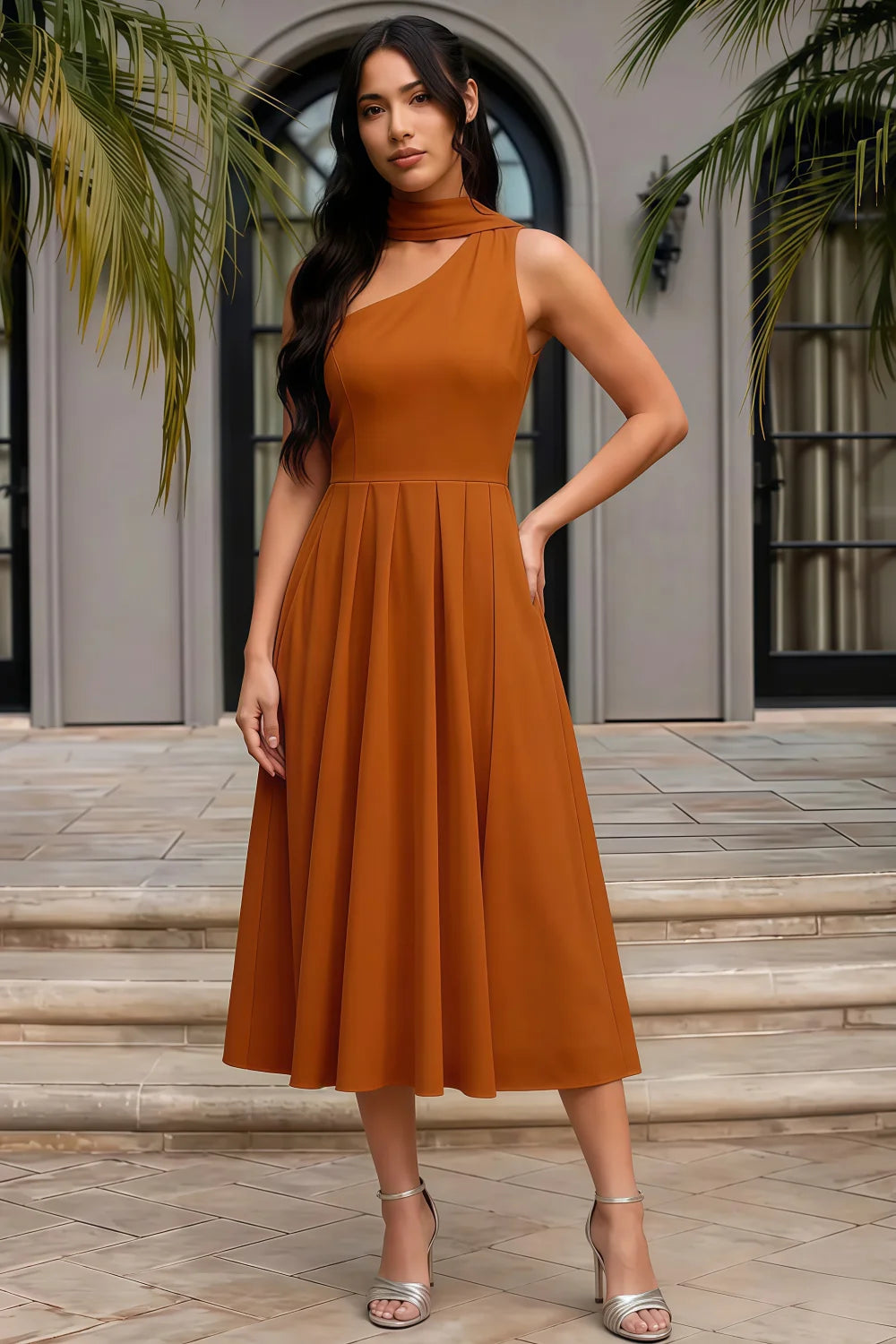Helen One Shoulder Burnt Orange Midi Dress with Scarf