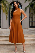 Helen One Shoulder Burnt Orange Midi Dress with Scarf