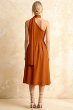 Helen One Shoulder Burnt Orange Midi Dress with Scarf
