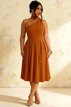 Helen One Shoulder Burnt Orange Midi Dress with Scarf
