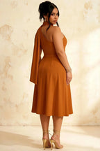 Helen One Shoulder Burnt Orange Midi Dress with Scarf