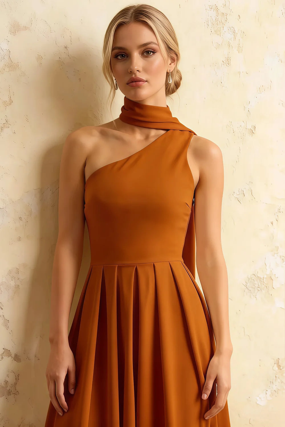 Helen One Shoulder Burnt Orange Midi Dress with Scarf