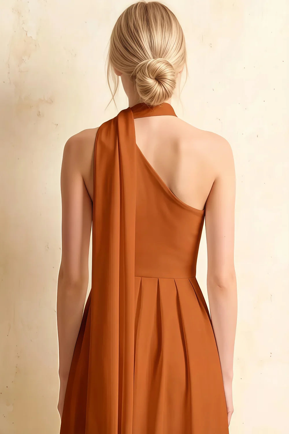 Helen One Shoulder Burnt Orange Midi Dress with Scarf