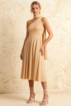 Helen One Shoulder Champagne Midi Dress with Scarf | Formal Event Wear