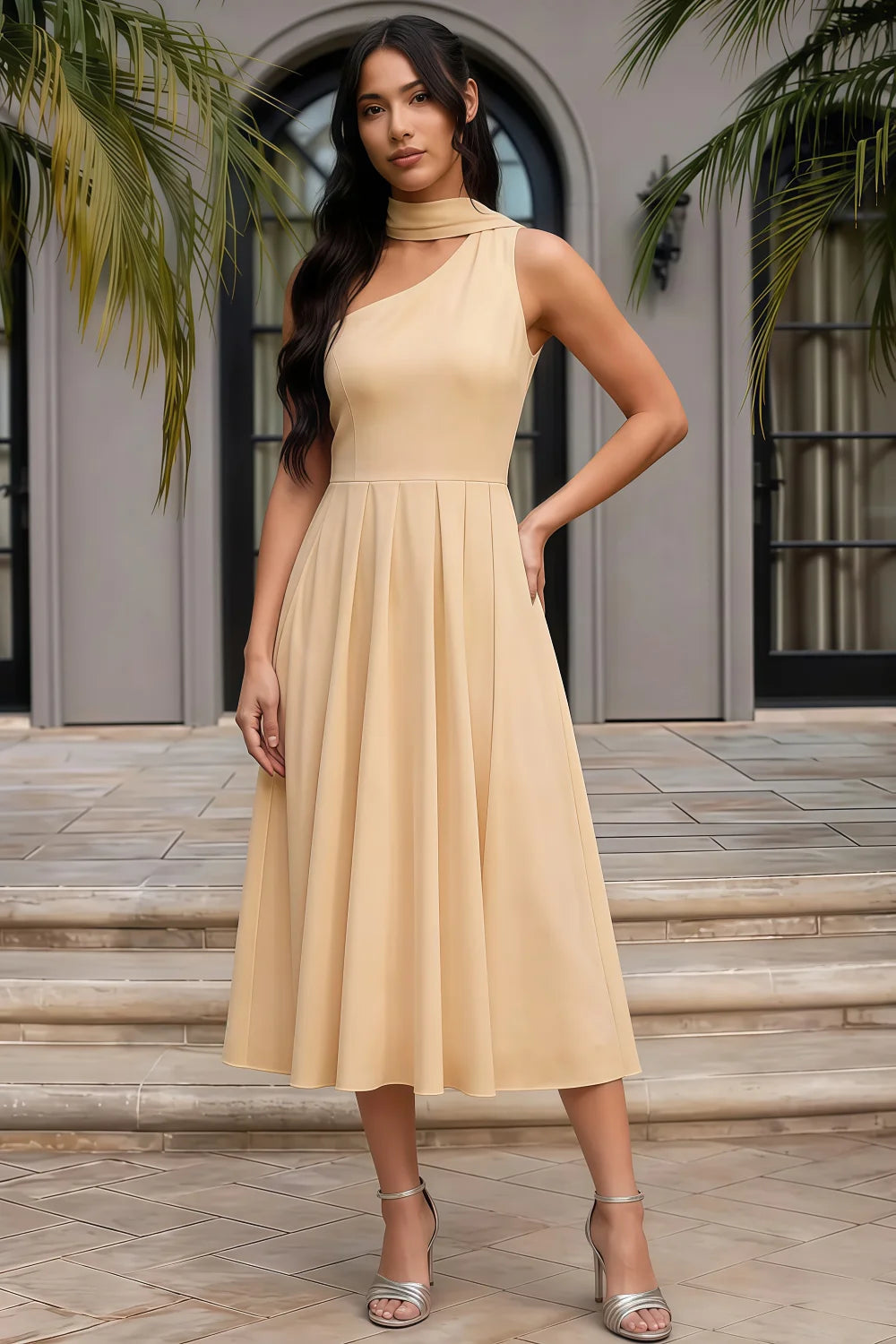 Helen One Shoulder Champagne Midi Dress with Scarf | Formal Event Wear Secondary image