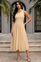 Helen One Shoulder Champagne Midi Dress with Scarf | Formal Event Wear