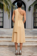 Helen One Shoulder Champagne Midi Dress with Scarf | Formal Event Wear