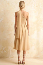 Helen One Shoulder Champagne Midi Dress with Scarf | Formal Event Wear